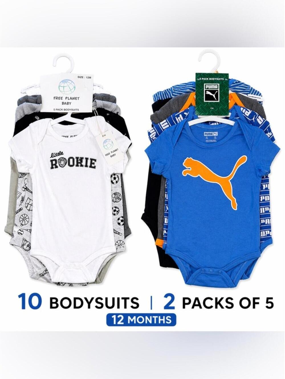 Puma & Free Planet Baby 5-Pack Bodysuits 12M Boy NWT Bundle Set